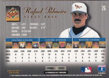 1995 Select Certified #26 Rafael Palmeiro Back