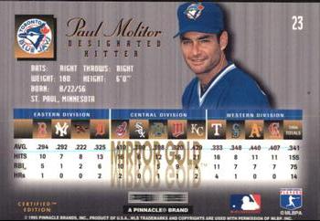1995 Select Certified - Mirror Gold #23 Paul Molitor Back