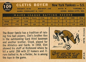1960 Topps #109 Cletis Boyer Back