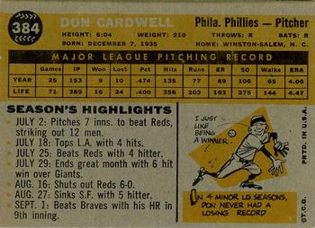 1960 Topps #384 Don Cardwell Back