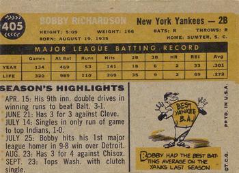 1960 Topps #405 Bobby Richardson Back