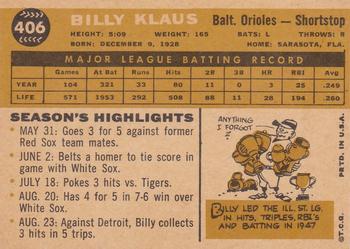 1960 Topps #406 Billy Klaus Back