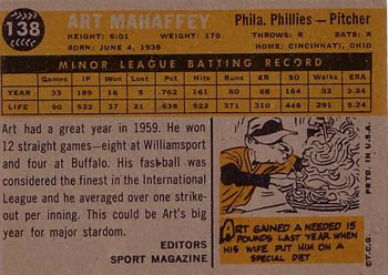1960 Topps #138 Art Mahaffey Back