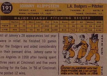 1960 Topps #191 Johnny Klippstein Back