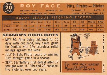 1960 Topps #20 Roy Face Back