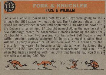 1960 Topps #115 Fork & Knuckler (Roy Face / Hoyt Wilhelm) Back