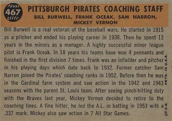 1960 Topps #467 Pitts. Pirates Coaches (Mickey Vernon / Frank Oceak / Sam Narron / Bill Burwell) Back