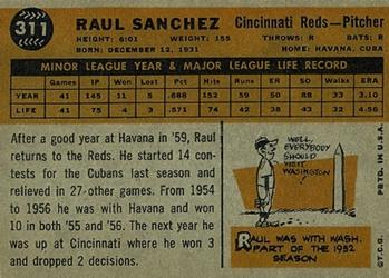 1960 Topps #311 Raul Sanchez Back