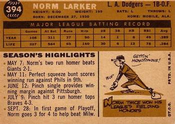 1960 Topps #394 Norm Larker Back