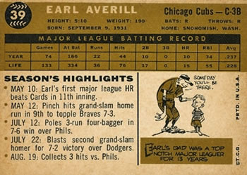 1960 Topps #39 Earl Averill Back