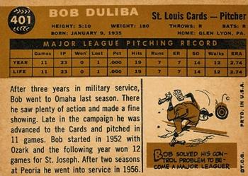 1960 Topps #401 Bob Duliba Back