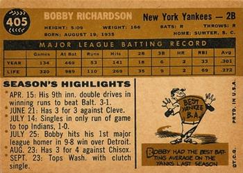1960 Topps #405 Bobby Richardson Back
