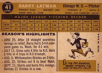 1960 Topps #41 Barry Latman Back