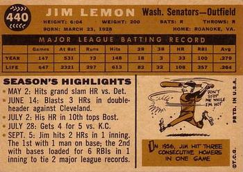 1960 Topps #440 Jim Lemon Back