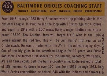 1960 Topps #455 Baltimore Orioles Coaches (Eddie Robinson / Harry Brecheen / Lum Harris) Back