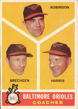 1960 Topps #455 Baltimore Orioles Coaches (Eddie Robinson / Harry Brecheen / Lum Harris) Front