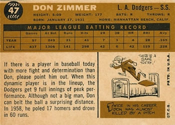 1960 Topps #47 Don Zimmer Back