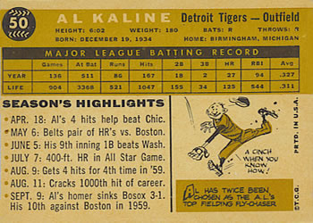 1960 Topps #50 Al Kaline Back