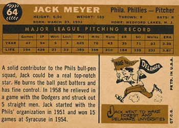 1960 Topps #64 Jack Meyer Back