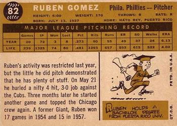 1960 Topps #82 Ruben Gomez Back