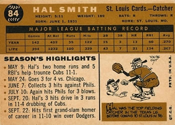 1960 Topps #84 Hal Smith Back