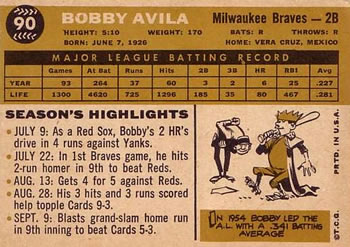 1960 Topps #90 Bobby Avila Back