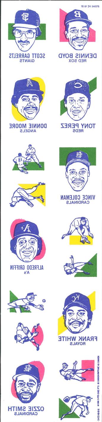 1986 O-Pee-Chee Tattoos #16 Scott Garrelts / Dennis Boyd / Donnie Moore / Alfredo Griffin / Ozzie Smith / Vince Coleman / Tony Perez / Frank White Front