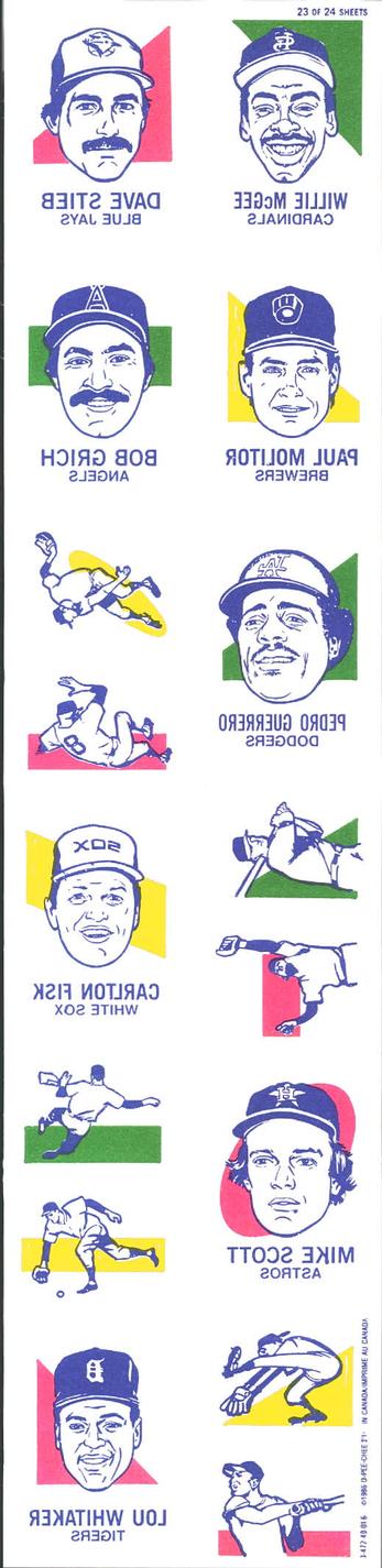 1986 O-Pee-Chee Tattoos #23 Dave Stieb / Willie McGee / Bob Grich / Paul Molitor / Mike Scott / Pedro Guerrero / Lou Whitaker / Carlton Fisk Front