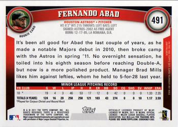 2011 Topps #491 Fernando Abad Back