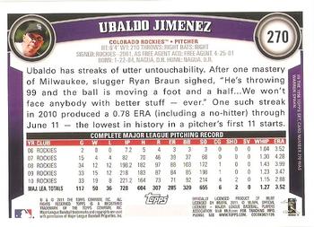 2011 Topps #270 Ubaldo Jimenez Back