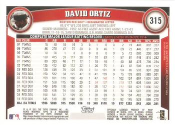 2011 Topps #315 David Ortiz Back