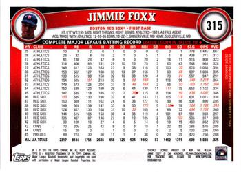 2011 Topps #315 Jimmie Foxx Back