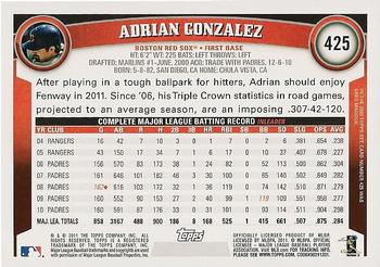 2011 Topps #425 Adrian Gonzalez Back