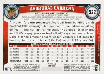 2011 Topps #522 Asdrubal Cabrera Back
