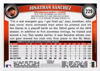 2011 Topps #229 Jonathan Sanchez Back