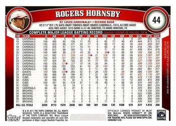 2011 Topps - Diamond Anniversary #44 Rogers Hornsby Back