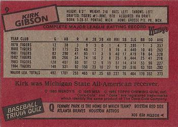 1985 Topps Wendy's/Coca-Cola Detroit Tigers #9 Kirk Gibson Back