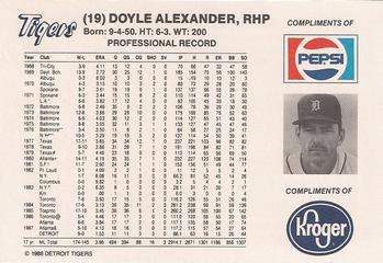 1988 Pepsi/Kroger Detroit Tigers #19 Doyle Alexander Back