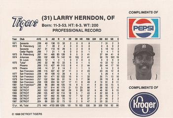 1988 Pepsi/Kroger Detroit Tigers #31 Larry Herndon Back