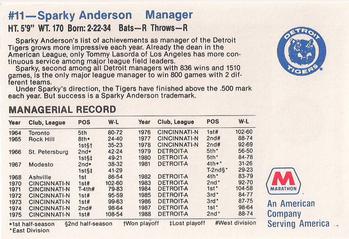 1989 Marathon Detroit Tigers #11 Sparky Anderson Back