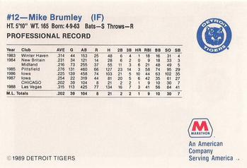 1989 Marathon Detroit Tigers #12 Mike Brumley Back