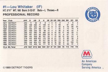 1989 Marathon Detroit Tigers #1 Lou Whitaker Back