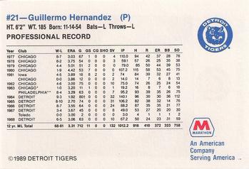 1989 Marathon Detroit Tigers #21 Guillermo Hernandez Back