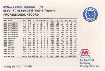 1989 Marathon Detroit Tigers #26 Frank Tanana Back