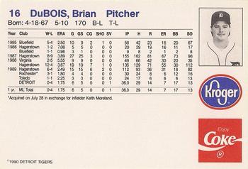 1990 Coca-Cola/Kroger Detroit Tigers #NNO Brian DuBois Back