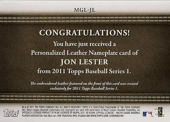 2011 Topps - Manufactured Glove Leather Nameplates #MGL-JL Jon Lester Back