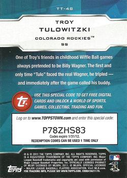 2011 Topps - Topps Town (Series 1) #TT-48 Troy Tulowitzki Back