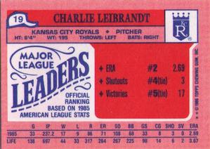 1986 Topps Major League Leaders Minis #19 Charlie Leibrandt Back