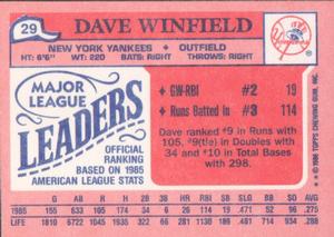 1986 Topps Major League Leaders Minis #29 Dave Winfield Back