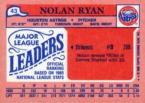 1986 Topps Major League Leaders Minis #43 Nolan Ryan Back